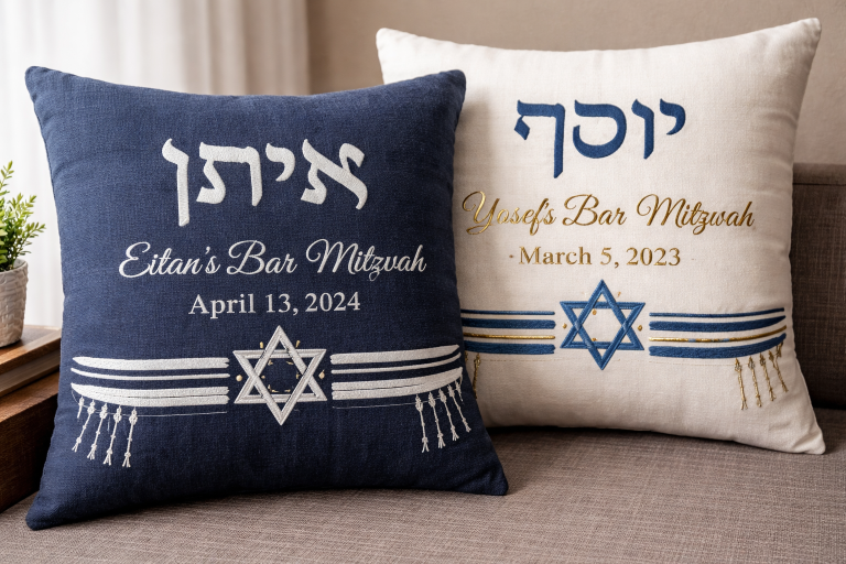Two personalized Bar Mitzvah keepsake pillows with embroidered Hebrew names and Star of David designs displayed in a clean 16:9 layout