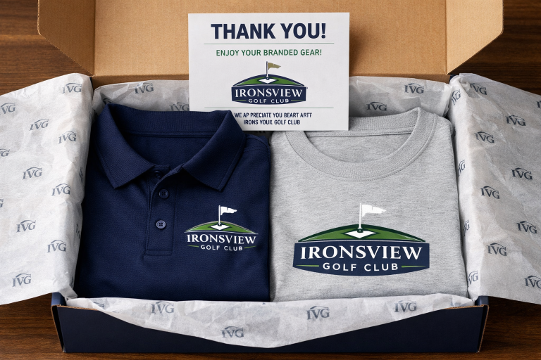 Branded swag box unboxing with embroidered polo and screen printed t-shirt neatly arranged with tissue and insert card