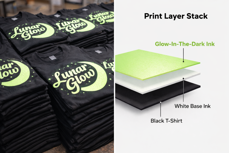 Bulk custom glow-in-the-dark shirts showing stacked garments and glow ink print layer breakdown