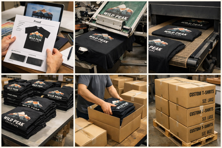 Bulk custom t-shirt printing process showing approved proof, shirts being printed and cured, folded finished garments, and packed cartons ready for delivery.