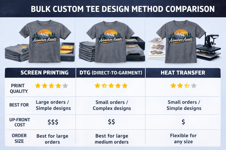 bulk custom tee design method comparison chart showing screen printing dtg and heat transfer options