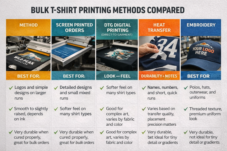 Bulk t-shirt printing method comparison showing screen printing, DTG digital printing, heat transfer, and embroidery for large apparel orders.