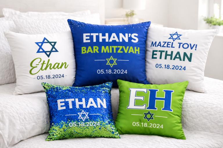 Personalized Bar Mitzvah pillows with custom name, date, monogram, and Star of David designs displayed on a white fabric background.