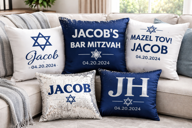 Custom Bar Mitzvah pillows with personalized name, date, and Star of David designs arranged on a sofa in a bright modern living room.