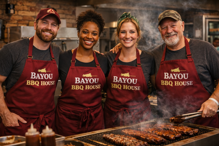 BBQ restaurant staff wearing matching custom logo BBQ aprons while grilling ribs in a commercial BBQ kitchen