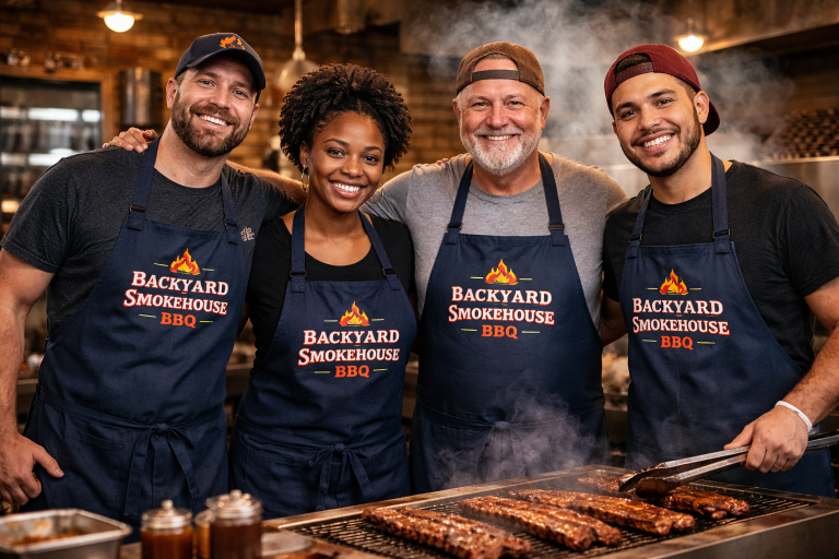 BBQ restaurant staff wearing matching custom logo BBQ aprons while grilling ribs in a commercial kitchen