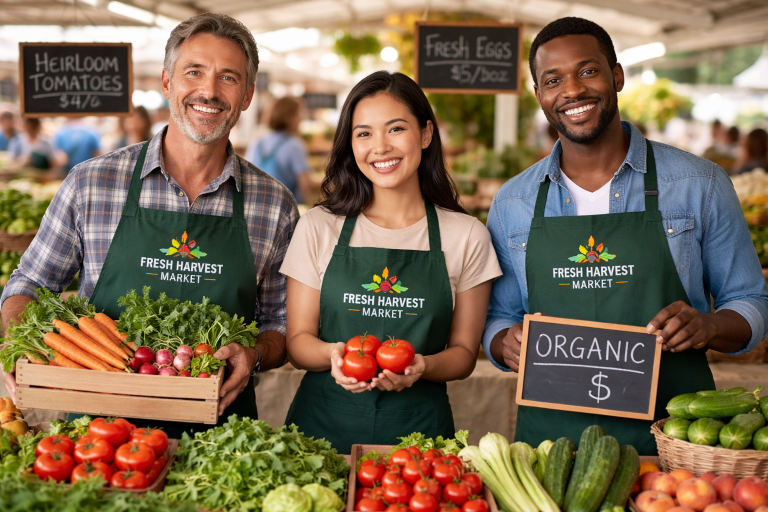 Farmers market vendors wearing custom printed bib aprons behind a produce stand in a real workplace environment.
