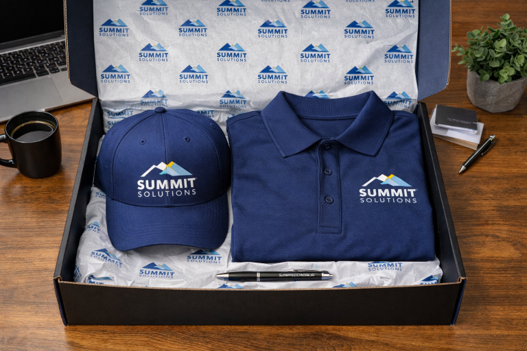 Custom Event Kits Shipped to Attendees open on desk with embroidered baseball cap, embroidered logo polo, engraved pen, and branded tissue paper in 16:9 layout.