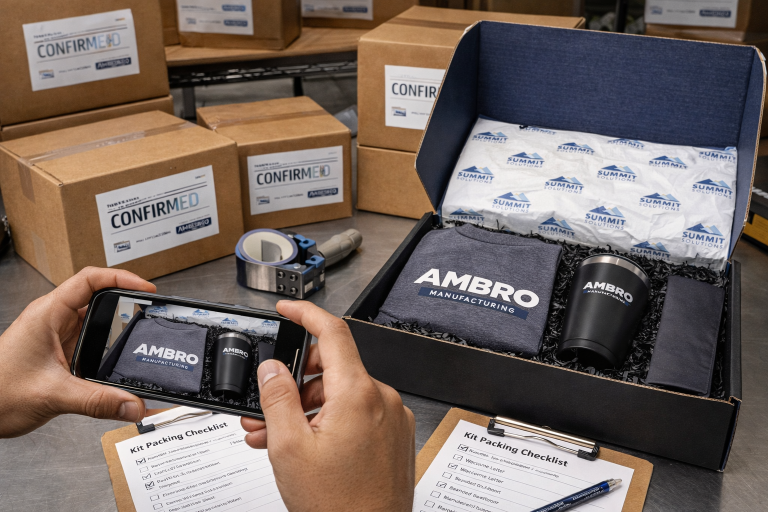 Warehouse packing table with checklist, labeled shipping boxes, and spot-check photo being taken for Custom Event Kits Shipped to Attendees in 16:9 format.