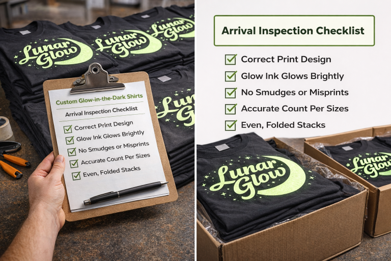 Custom glow-in-the-dark shirts arrival inspection checklist with stacked bulk shirts and quality checks