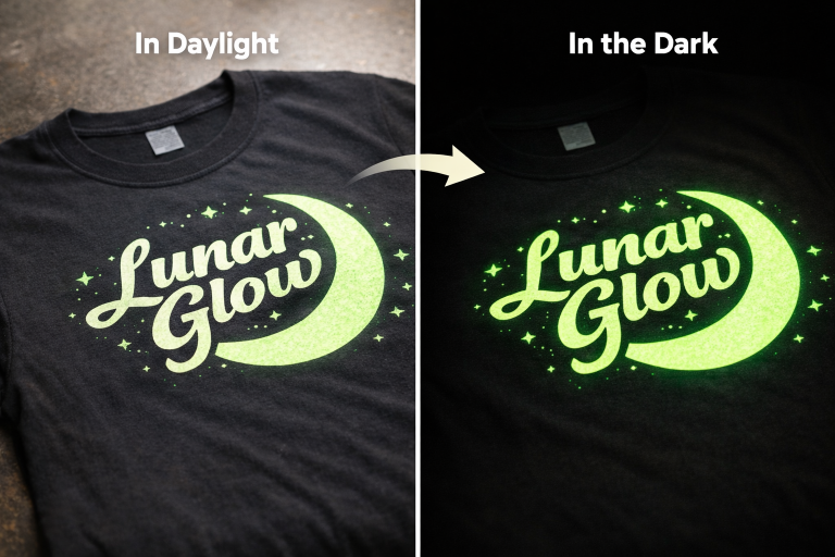 Custom glow-in-the-dark shirt artwork shown in daylight and glowing in the dark side-by-side comparison