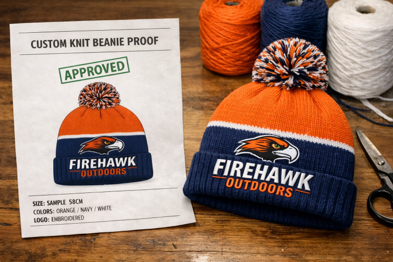Custom knit beanies proof sheet displayed next to a finished knit beanie sample showing logo placement and yarn colors.