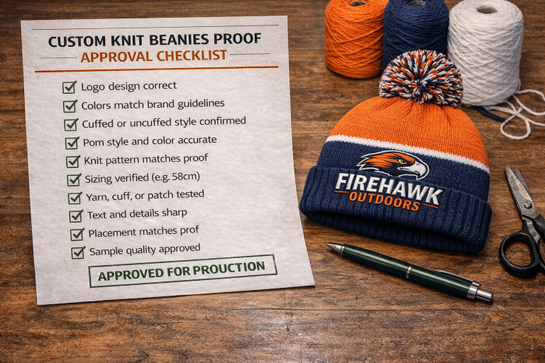 Custom knit beanies proof approval checklist showing logo placement, yarn color matching, knit pattern, and production approval.