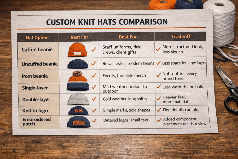 Custom knit hats comparison chart showing cuffed, uncuffed, pom, single-layer, double-layer, knit-in logo, and embroidered patch options.