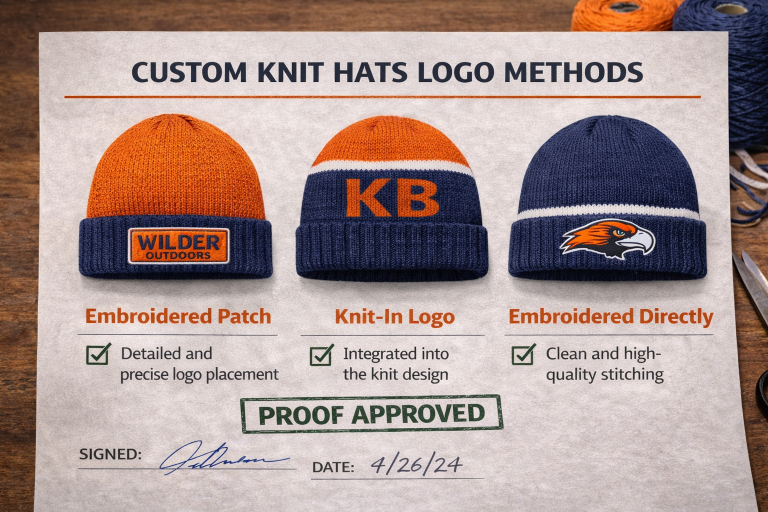 Custom knit hats showing embroidered patch, knit-in logo, and direct embroidery logo methods on beanies.