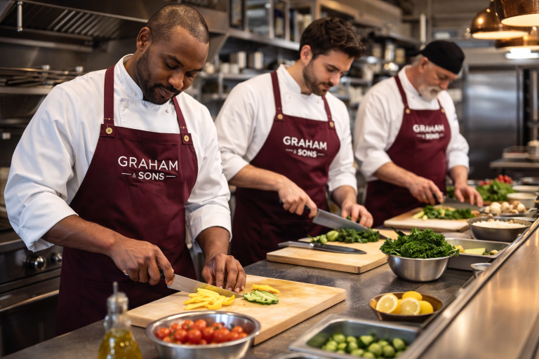 Chefs prepping ingredients in a commercial kitchen while wearing custom restaurant aprons