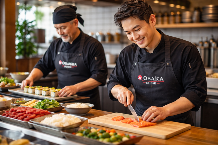 Sushi chefs preparing food while wearing custom restaurant aprons in a professional kitchen