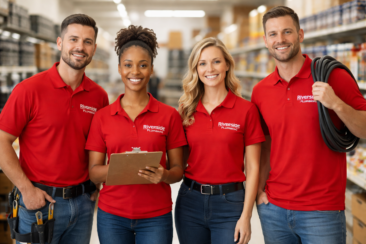 Employees wearing red custom screen printed shirts as company uniforms with matching logos