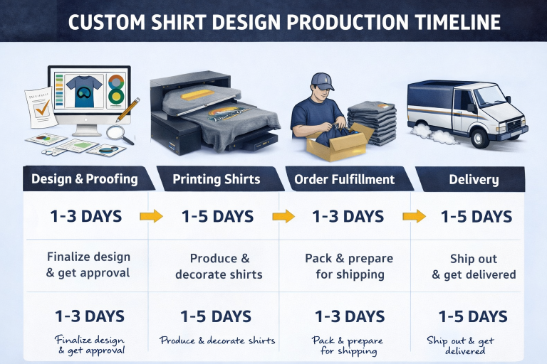 custom shirt design production timeline graphic showing design approval printing fulfillment and shipping steps