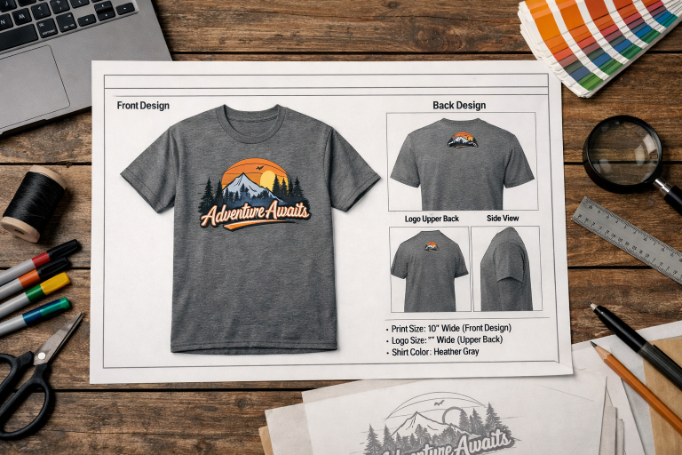 custom t shirt design proof example showing front and back shirt artwork layout and print placement