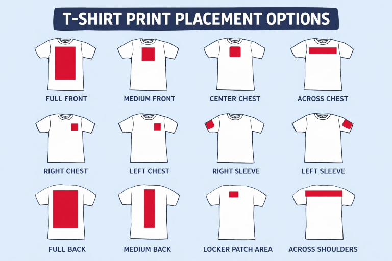 custom t shirt print placement options diagram showing front back chest sleeve and shoulder print locations