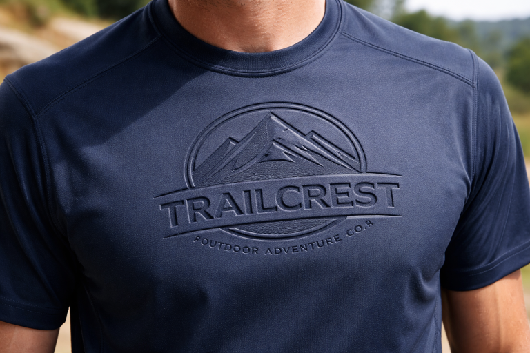 Tone on tone debossed emblem on a performance polyester athletic shirt worn by a person