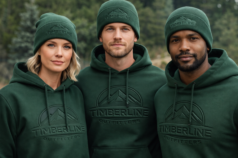 Three people wearing forest green hoodies and beanies with tone on tone embossed and debossed logos