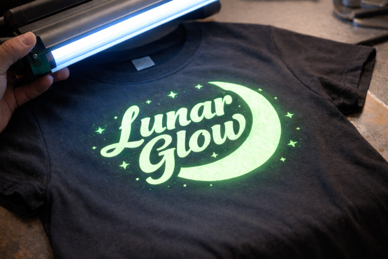 Glow-in-the-dark custom shirt ink charging under UV light on black T-shirt with luminous logo