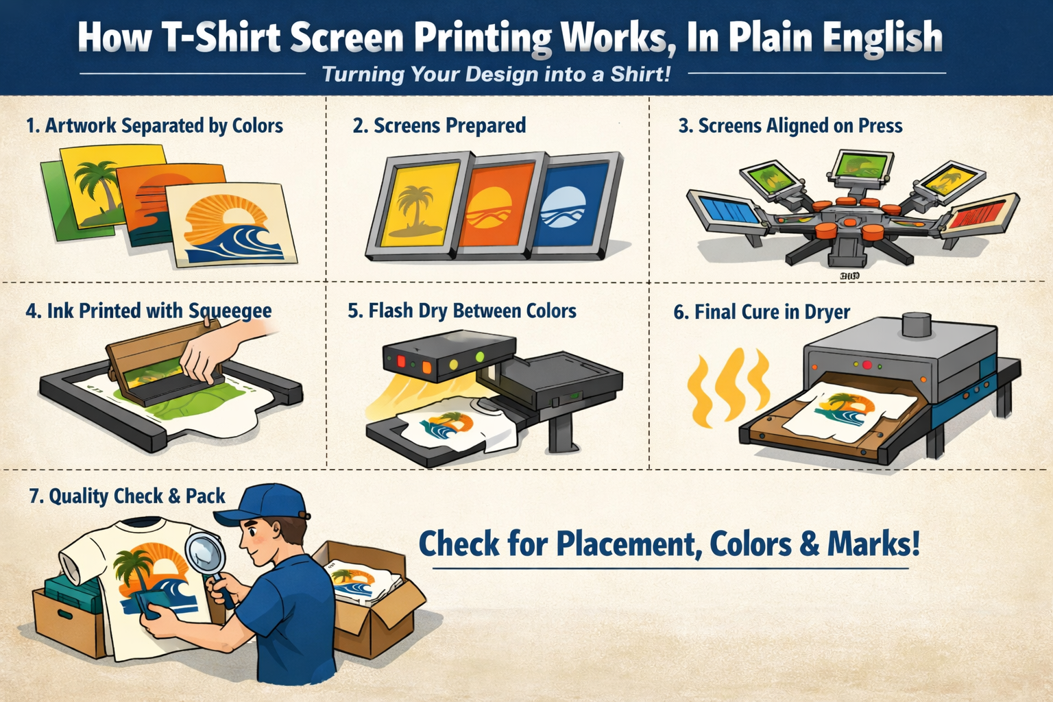 Infographic showing how t shirt screen printing works step by step including color separation, screen setup, ink printing, flash drying, curing, and quality control.