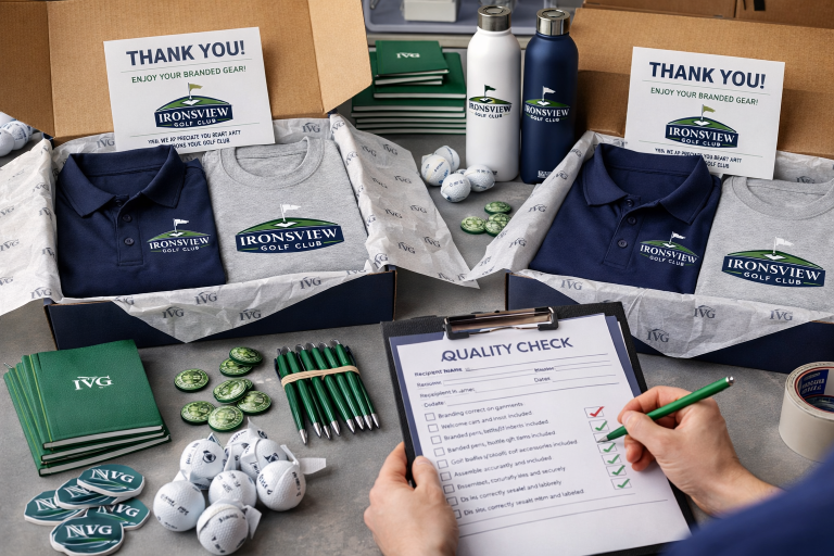 Kitting table with branded items, box inserts, and quality check sheet for corporate welcome boxes