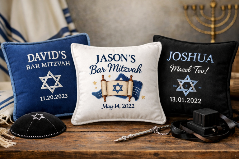 Three personalized Bar Mitzvah pillows with custom embroidered names, dates, and Jewish symbols arranged on a wooden surface with ceremonial items in the background.