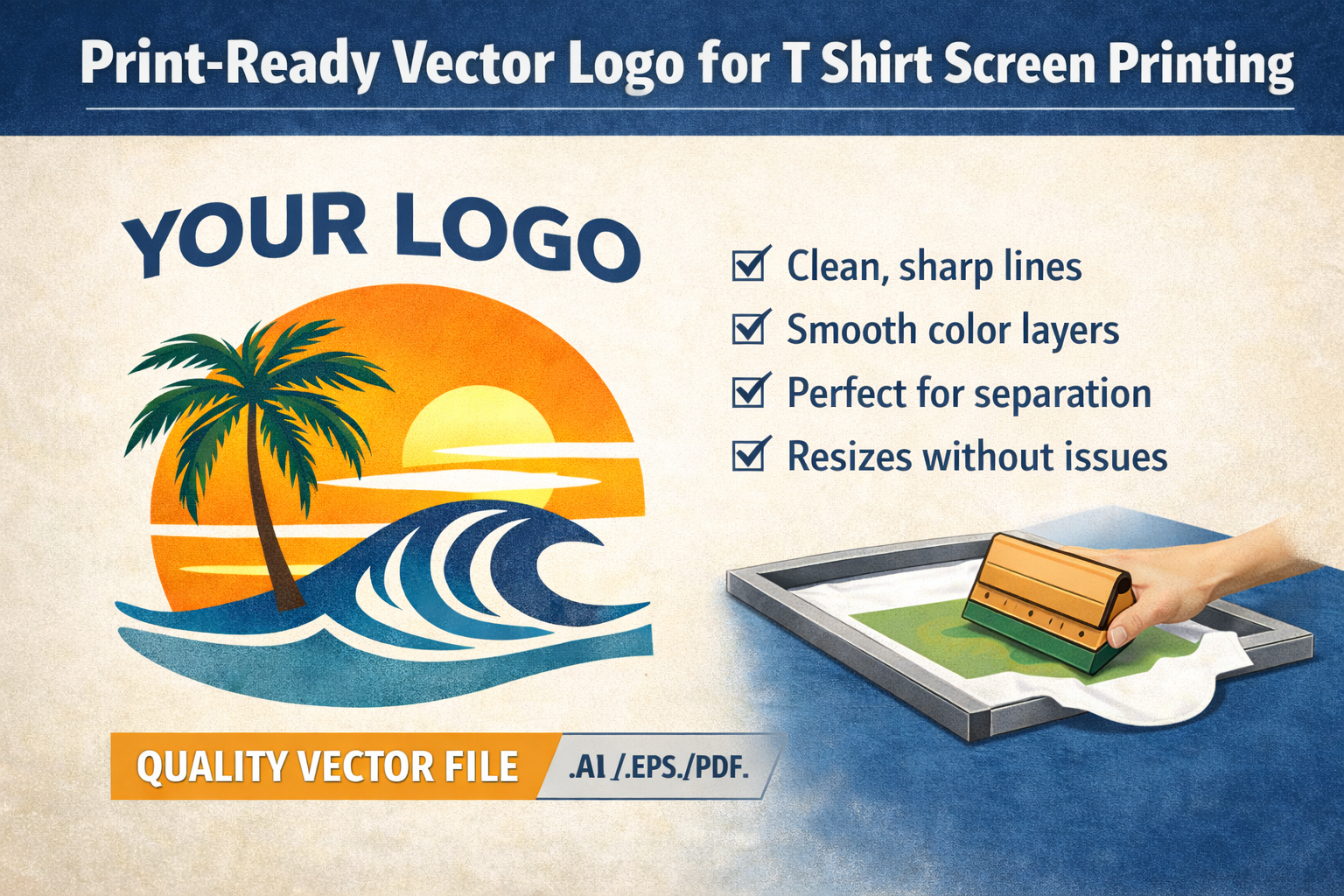 Print ready vector logo for t shirt screen printing showing clean edges, solid color layers, and proper setup for screen print separation.