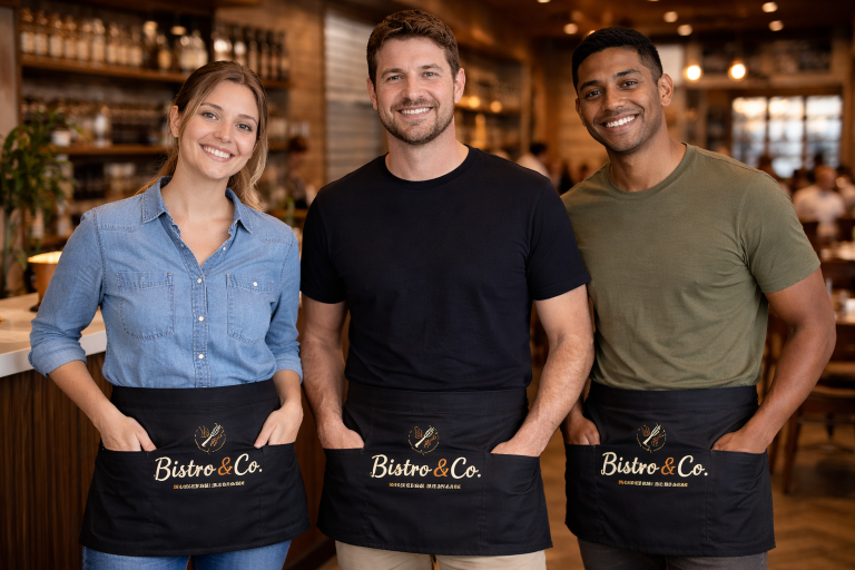 Restaurant staff wearing custom logo waist aprons in a bistro-style restaurant
