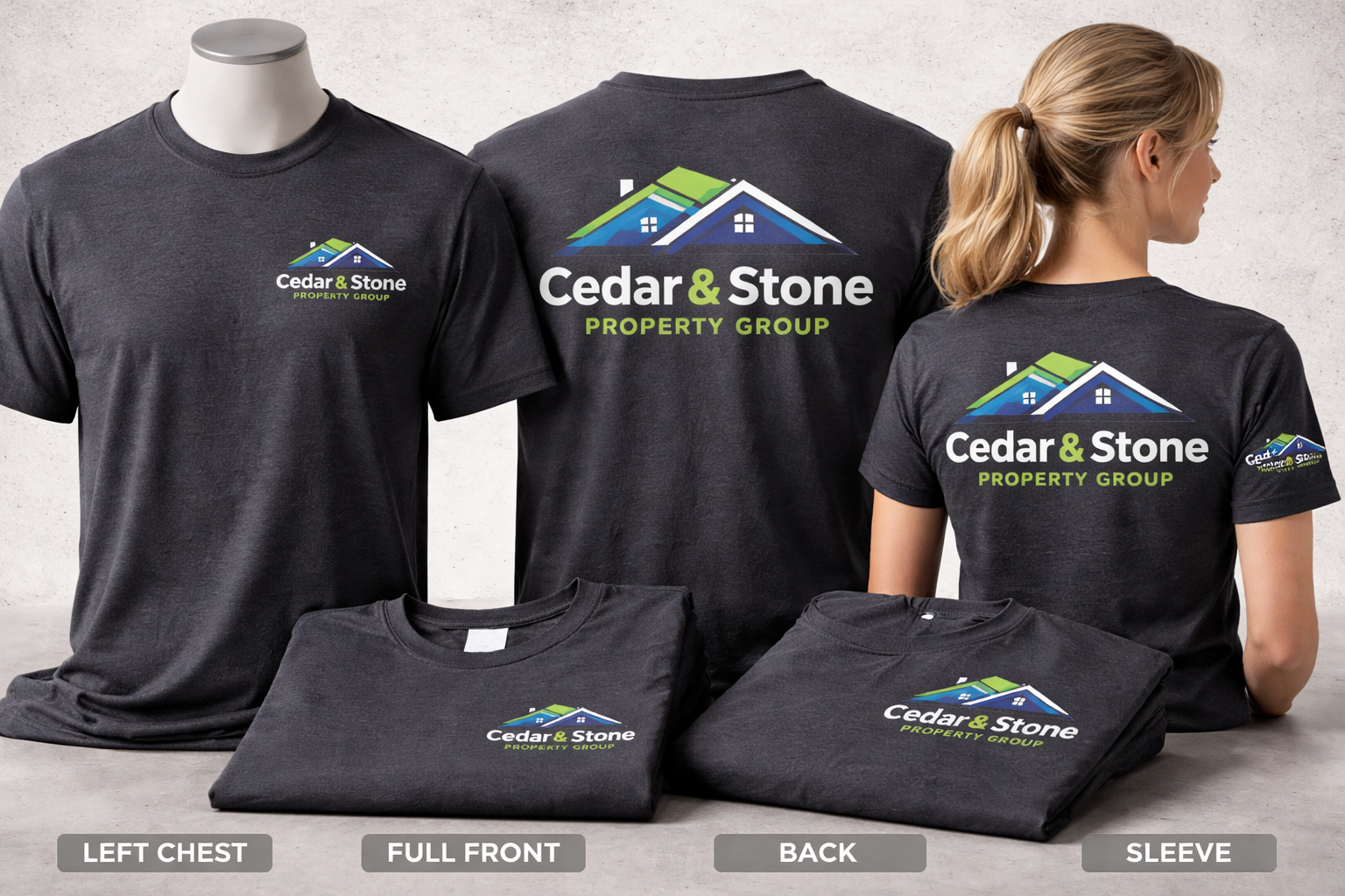 Finished company shirts showing screen printed logo placement on left chest, full front, back, and sleeve
