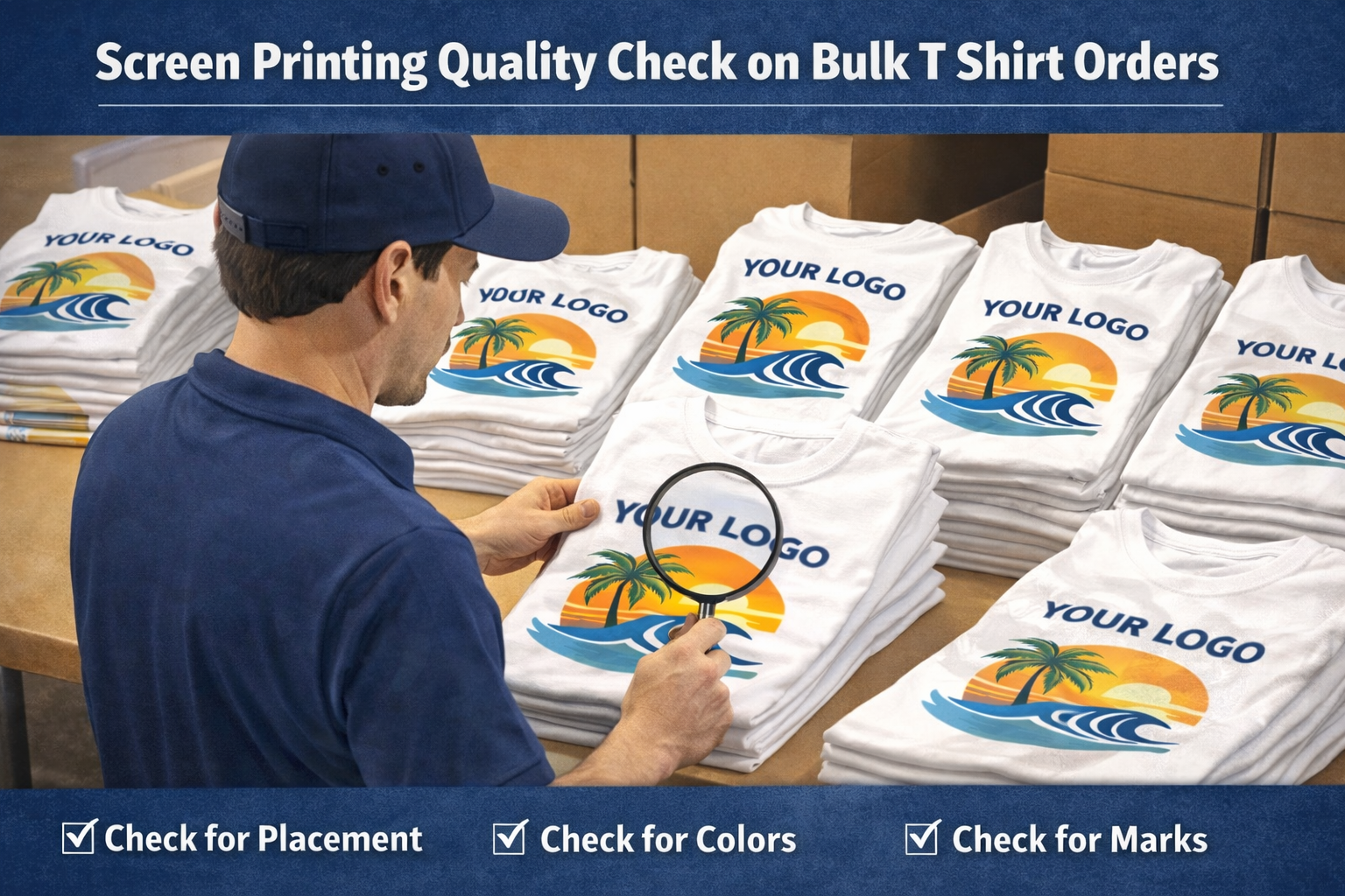 Screen printing quality check on bulk t shirt orders with technician inspecting logo placement, color consistency, and print defects.