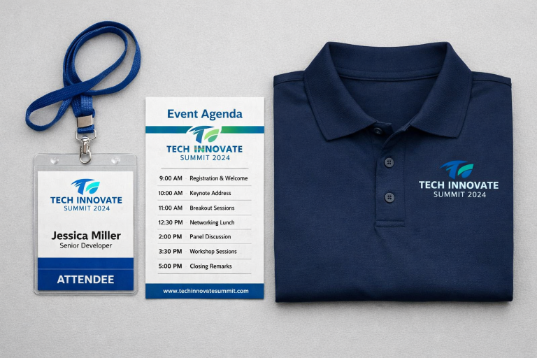 Neatly organized event kit with embroidered polo shirt, conference badge, and printed agenda card
