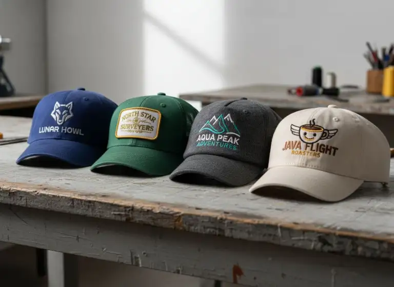 Custom embroidery services shown on hats with company names and logos.