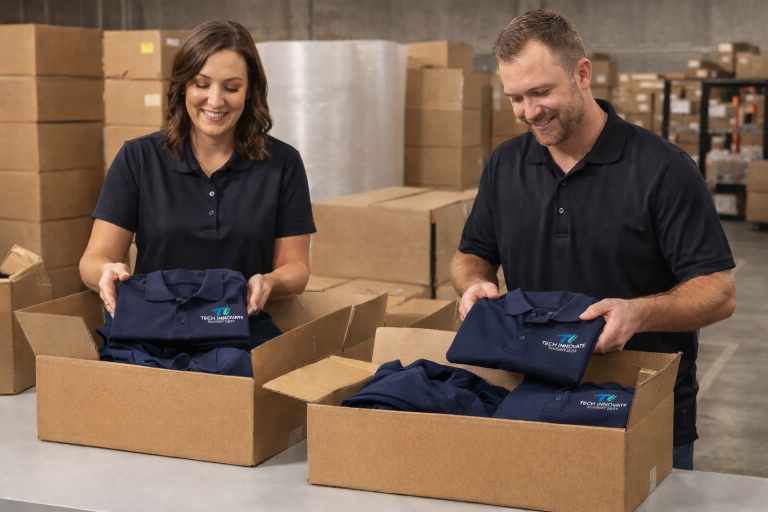 Two warehouse associates packing embroidered polo shirts into branded event kit boxes for shipping