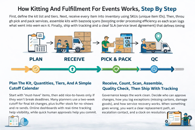 Infographic showing step by step process for Kitting And Fulfillment For Events including plan, receive, pick and pack, quality check, and ship