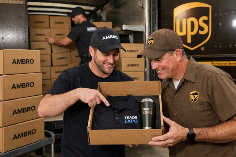 AMBRO Manufacturing employees loading identical branded swag box kits with embroidered polo and engraved tumbler into UPS truck for trade show shipment