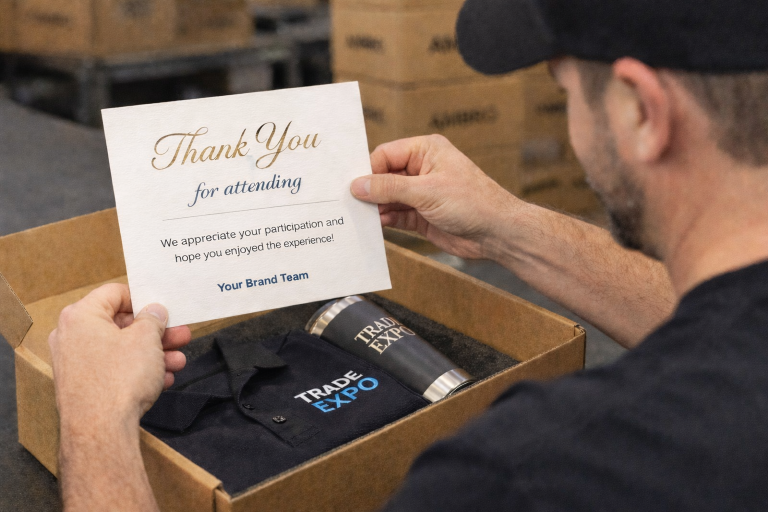 AMBRO Manufacturing employee placing premium thank you for attending card into swag box with embroidered logo polo and engraved tumbler