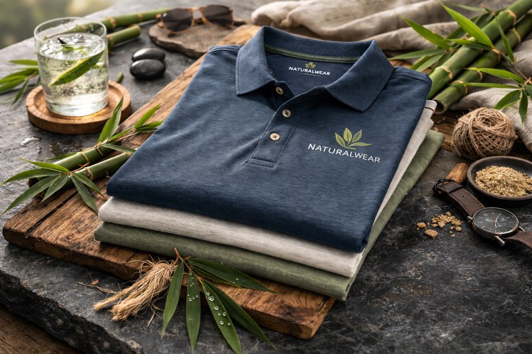 Folded bamboo polo shirts with subtle embroidered leaf logo displayed on rustic wood with bamboo accents in an earthy lifestyle setting.