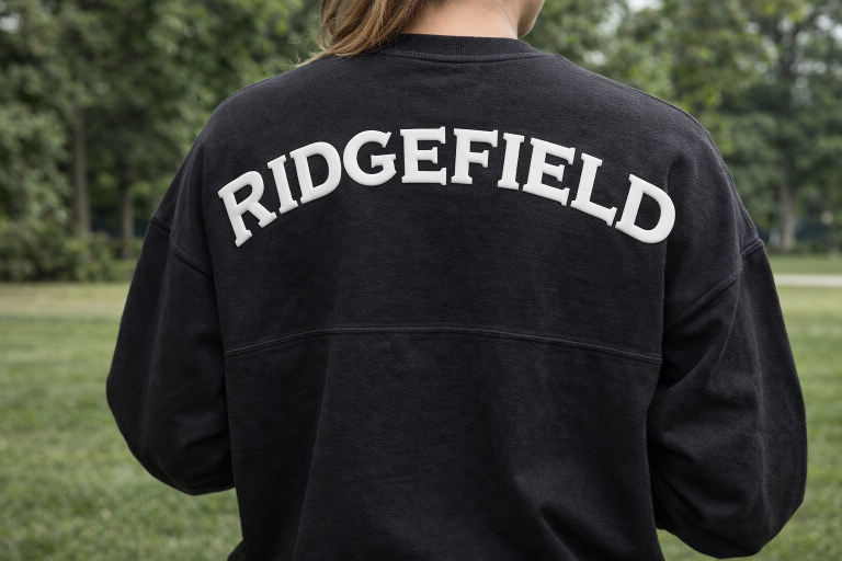 Oversized billboard jersey with large white arched puff print in Copperplate font across the back