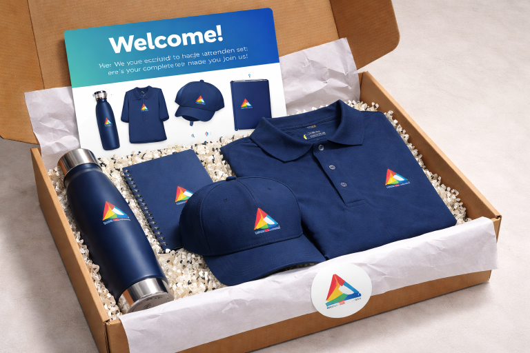 Open branded attendee gift box with polo shirt, cap, notebook, water bottle, insert card, white tissue paper, and logo sticker seal.
