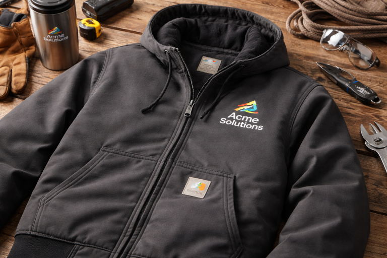 Carhartt work jacket with embroidered company logo on left chest