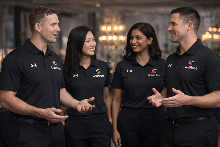 Four diverse event staff members talking while wearing black co-branded Under Armour and CrestPoint polos in a luxury indoor event setting.