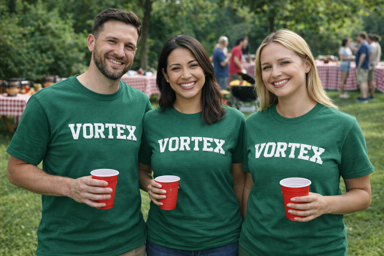 Three employees wearing green VORTEX t-shirts with raised white puff screen print at a company picnic