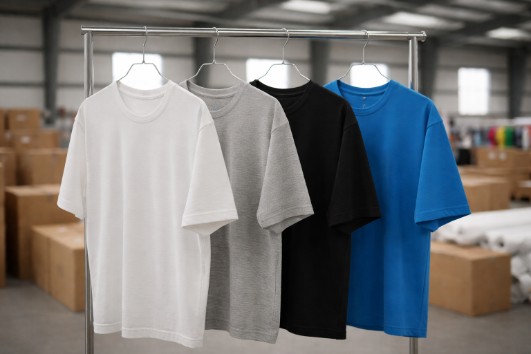 Blank t shirts in multiple colors hanging on a rack in a clothing manufacturing warehouse showing custom made t shirts in bulk options.