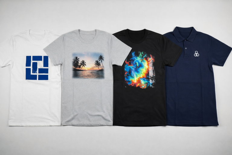 Four custom printed shirts including graphic t shirts and a navy embroidered polo representing custom made t shirts in bulk printing and apparel decoration options.