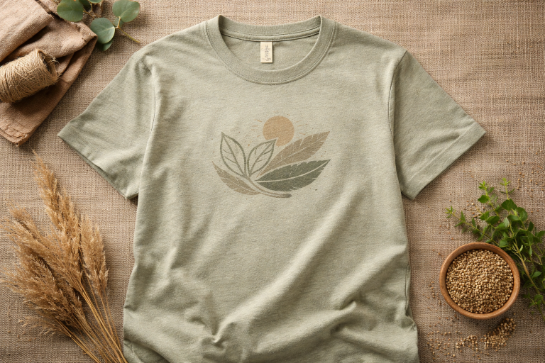 Earthy hemp T-shirt with minimalist leaf design displayed on natural linen background